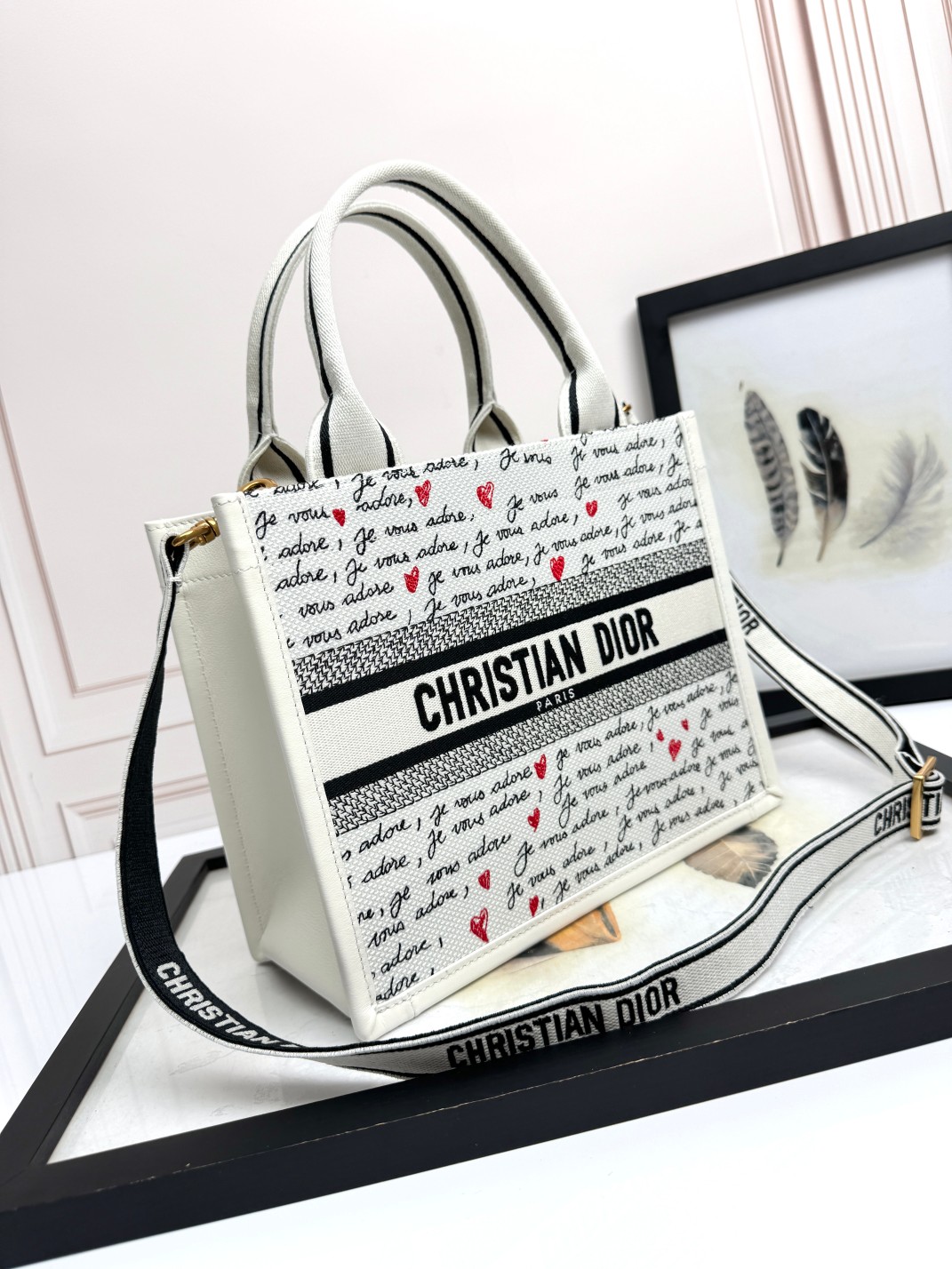 Small Dior Book Tote Bag White Embroidery with Black and Red Je Vous Adore Motif and White Calfskin